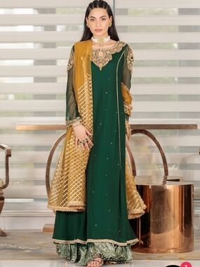 Khuda Baksh Creations Green 3 Piece Embroidered Sharara Set - Large - NEW